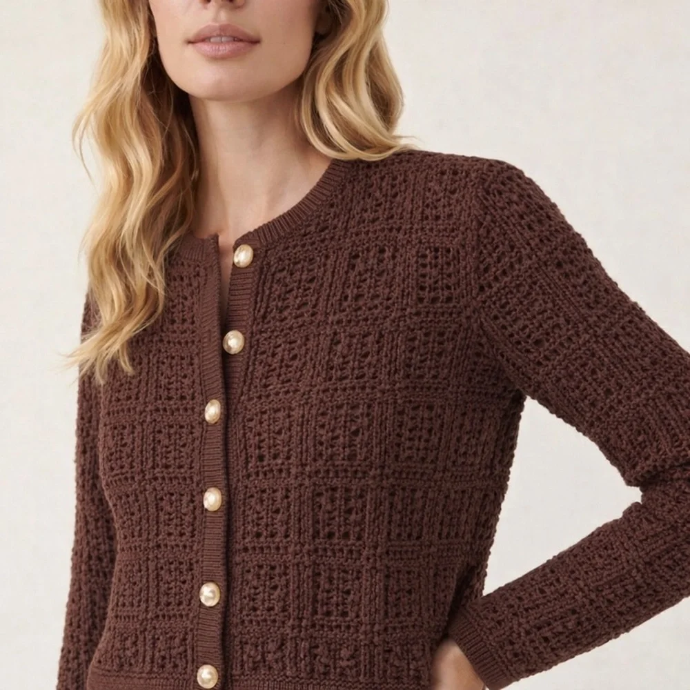 Magaschoni Pointelle Crochet Cardigan Chocolate Brown S NWT - Picture 7 of 7